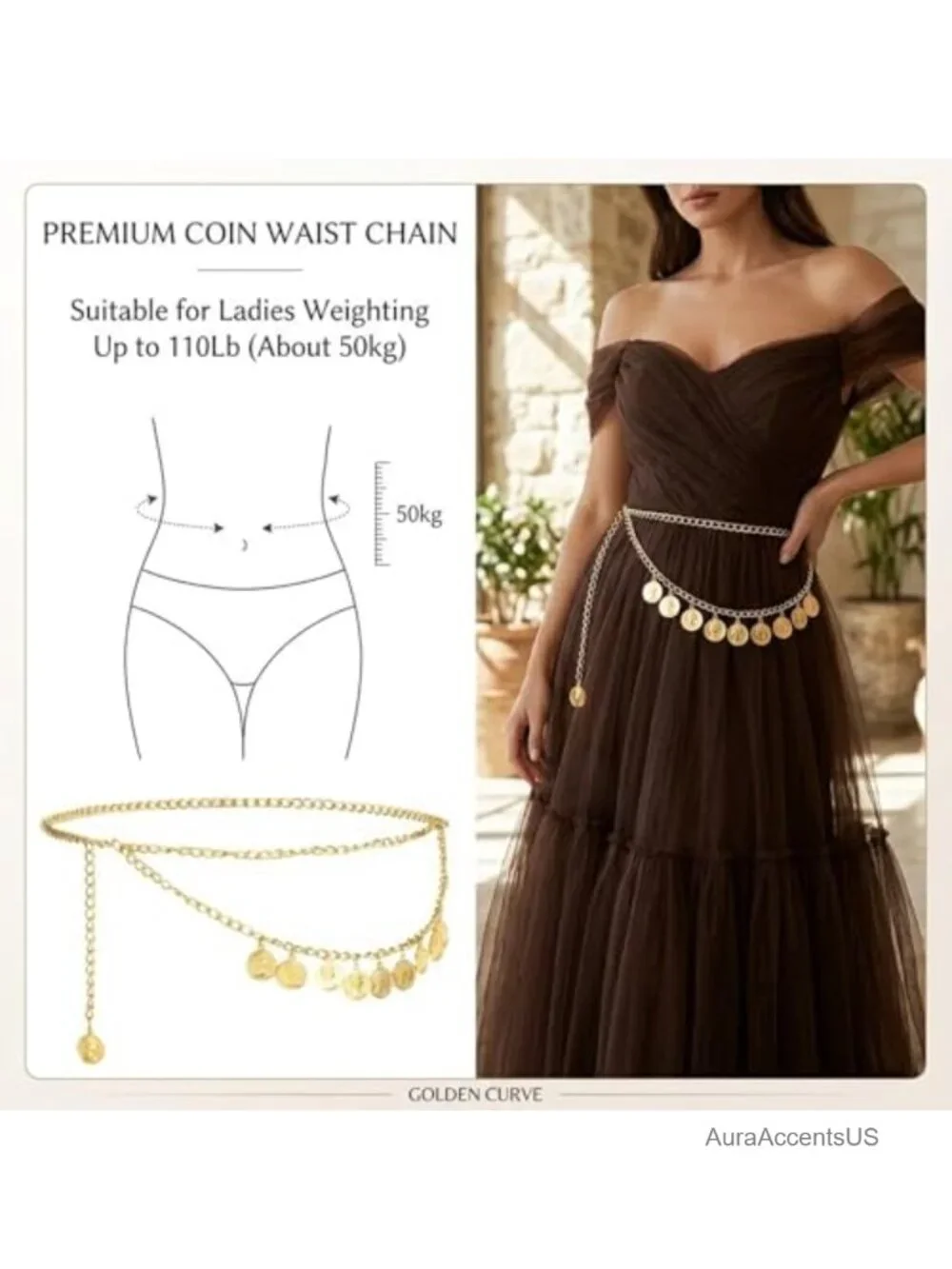 Adjustable Gold Coin Chain Belt with Lobster Clasp
